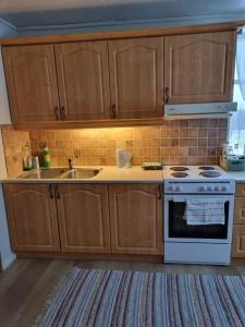 a kitchen with wooden cabinets and a stove and a sink at Rødstua in Senja +24 photos