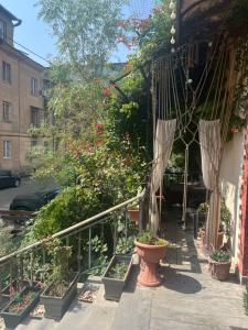 a garden with plants and a fence and a vase at Bright 1BR flat in the city centre Tsereteli ave in Tbilisi City