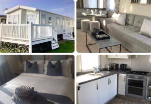 a collage of pictures of a bedroom and a living room at Luna Retreat - Newbiggin by the Sea in Newbiggin-by-the-Sea