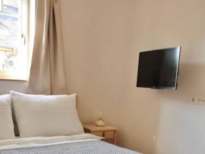 ein Schlafzimmer mit einem Bett und einem Fernseher an der Wand in der Unterkunft Dandy Downtown Apt in Budapest