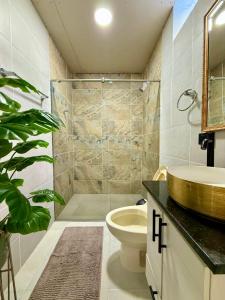 a bathroom with a shower and a toilet and a sink at Villa Paz CASA QUINTA CON PISCINA PRIVADA in Ricaurte