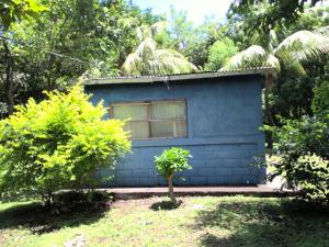 a blue house with a window in a yard at Malibú in Moyogalpa