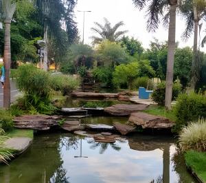 um lago em um parque com pedras e palmeiras em Flats_Sabia em Uberlândia