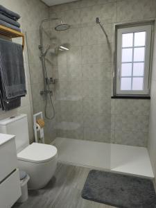 a bathroom with a shower and a toilet and a sink at Cantinho do alto in Porto Judeu +12 photos