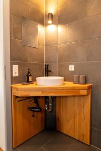un bagno con lavandino su un bancone in legno di Ferienhaus hoch über dem Taubertal mit fantastischem Weitblick, Dachterrasse, 2000m2 großem Grundstück und Kamin a Lauda-Königshofen