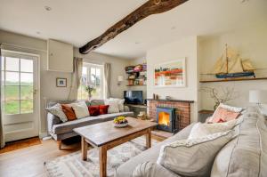 a living room with two couches and a fireplace at Aurora Cottage in Little Barningham