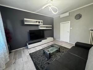 レッジョ・エミリアにあるDream Houseの黒いソファと薄型テレビのあるリビングルーム