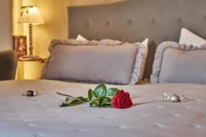 a red rose on top of a bed at Schinkel Ferienunterkünfte Quedlinburg UNESCO Altstadt, Parkplatz inkl in Quedlinburg