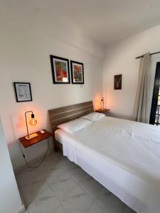 波利斯Tina’s Cozy Studio的卧室里有一张白色的大床和两盏灯