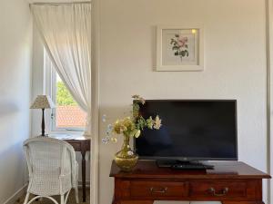 a flat screen tv sitting on top of a wooden dresser at Hotel Molendal in Arnhem