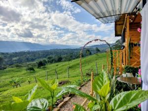 a view from the porch of a house with a green field at Cabaña Romántica con jacuzzi privado in Icononzo
