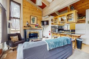 un soggiorno con divano e camino di Saddle Road Condo a Bijou Park