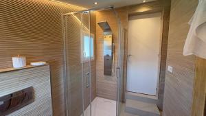 una ducha con puerta de cristal en un baño en Wine Lodge Ribeira Sacra, en Carracedo 9 fotos más