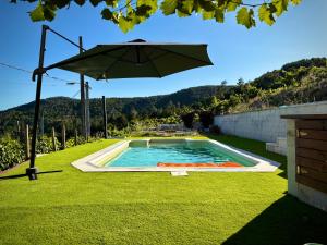 una piscina en un patio con sombrilla en Wine Lodge Ribeira Sacra, en Carracedo