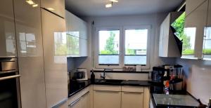 a kitchen with a sink and two windows at Appartamento Casterabo in Pavone Canavese