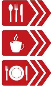 un panneau rouge avec une tasse de café, une cuillère et une fourchette dans l'établissement Malindu Restaurant & Rooms, à Katunayake