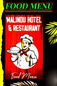 une affiche pour un menu de nourriture avec un chef tenant un plateau dans l'établissement Malindu Restaurant & Rooms, à Katunayake