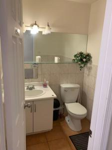 a bathroom with a toilet and a sink and a mirror at Private comfortable M1 bedroom in Mississauga