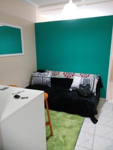サン・ミゲル・デ・トゥクマンにあるhermoso departamento zona surの黒いソファと緑の壁のある部屋