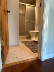 bagno con doccia e servizi igienici in camera. di Spacious Family Home w Pool and Game-room Near Downtown and Beach a Savannah
