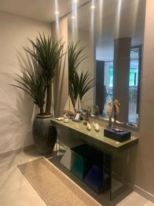 a room with a counter with a mirror and plants at O maior condomínio residencial da Praia Grande de Ubatuba in Ubatuba