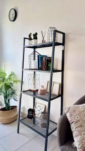 a black book shelf in a living room at Tête en l'air- Cocon Lumineux- Centre Muret- Parking et commodités in Muret