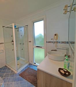 Un baño con lavabo y ducha en North Durras Beach Cottage, en Durras
