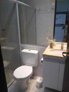a bathroom with a toilet and a sink and a shower at Winterville Gravata Flat Residence in Gravatá