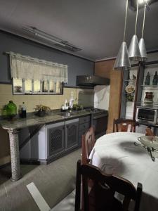 a kitchen with a table and a counter top at Casa da Oma in Blumenau
