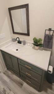 a bathroom with a sink and a mirror at Simon's casitas! in McGregor
