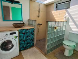 Un baño con inodoro y lavadora. en Blue lagoon - private access to blue lagoon, en Punaauia