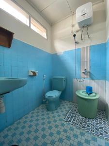 a blue bathroom with a toilet and a sink at Siuri Cottages & Restaurant in Tokaimbu