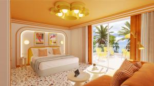 a bedroom with a bed and a balcony at Riviera Hotel Menorca in Ciutadella