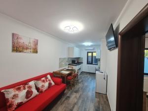a living room with a red couch and a kitchen at Apartament Parc 1C in Ploieşti