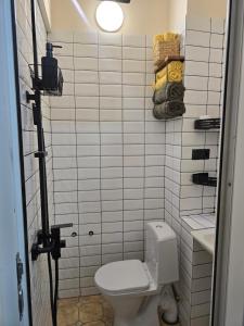 Un baño blanco con inodoro y lavabo. en Studio in old town tbilisi, en Tiflis