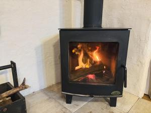 a stove with a fire in a room at Villa Foresta TERU in Nasu