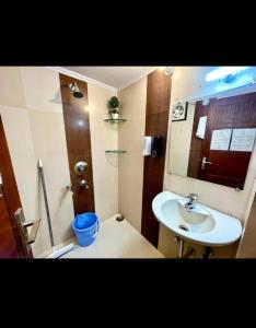 a bathroom with a sink and a toilet and a mirror at Hotel Neeraj in Morādābād
