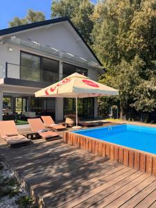 a house with a swimming pool and an umbrella at Villa Sava Dream in Beograd