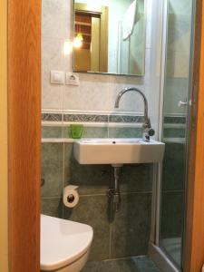 a bathroom with a sink and a toilet and a mirror at PR Badalada in Santiago de Compostela +30 photos