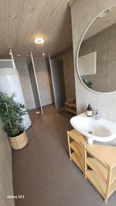 a bathroom with a sink and a mirror at Sjåen på Balsnes Gård in Hitra