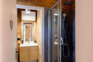 サン・モーリス・シュル・モセルにあるLa Petite Chaumière avec saunaのシャワー、洗面台、鏡を備えたバスルーム +25枚の写真