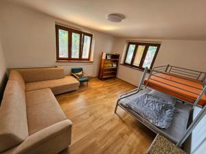 a living room with a couch and a bed at Rodinný dom in Muránska Huta