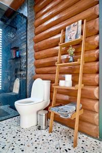 a bathroom with a toilet and a wooden wall at Koshara chalet - harmony in the midst of nature in Mriia