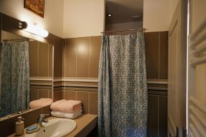 a bathroom with a sink and a shower curtain at LaPetite Maison Abigail, Peaceful home in Avignon in Avignon +20 photos