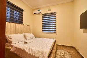 a bedroom with a large bed with a window at Shabi's Court in Lagos