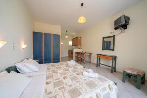 a bedroom with a large bed and a tv at Milos Studios in Lourdhata