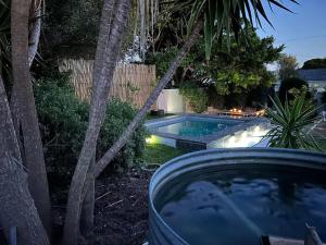 a swimming pool in a backyard with a palm tree at Shores Keep - Self Catering Home in Hermanus
