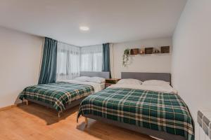 Un dormitorio con dos camas y una ventana. en Westwand Villas, en Măgura