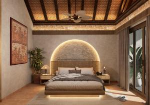 Un dormitorio con una cama y un techo. en Coastline Bay Resort, en Mahabalipuram