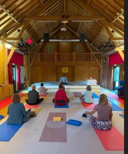 Un grupo de personas sentadas en el suelo haciendo yoga. en Chambre privée dans un appartement en colocation, parking gratuit, en Bagneux